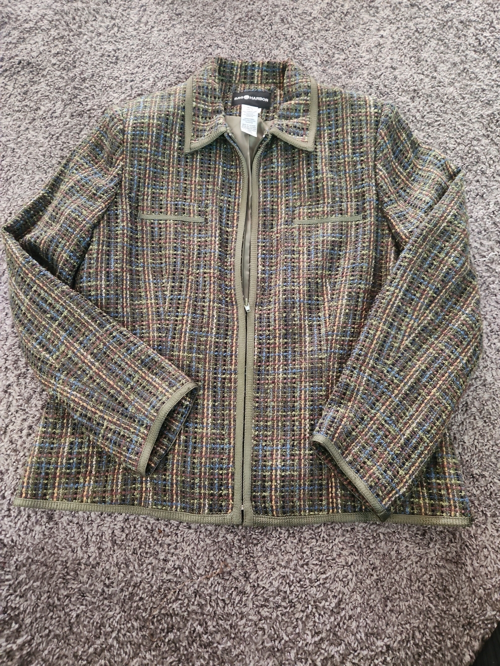 Sag Harbor Olive Multicolor Tweed Zip-Front Shirt Jacket